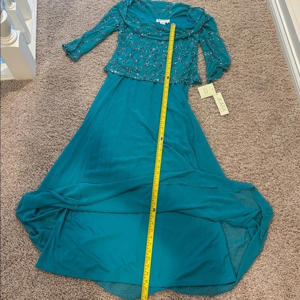 NWT J Kara Women's C-Neck with 3/4 Sleeve Beaded Long Dress Aqua Color Sz 8 - Picture 8 of 9